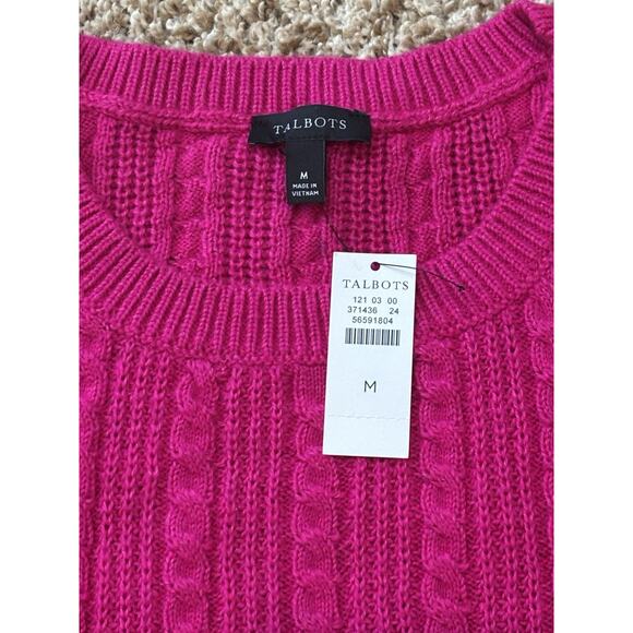 Talbots Fuchsia Pink Cable Knit Crewneck Cotton Blend Button Detail Medium - Picture 4 of 8